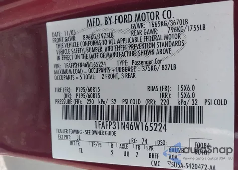 2006 Ford Focus Zx3 из США, поврежденный, VIN 1FAFP31N46W165224